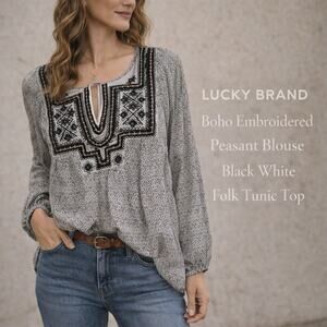 Lucky Brand Shirt Boho Embroidered Peasant Tunic Lightweight Flowy SZM Black